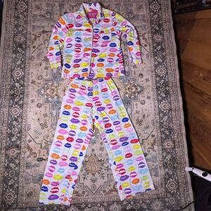 Vintage Victoria's Secret Pajama Set M Rainbow Lip Print Cotton Sleepwear Small